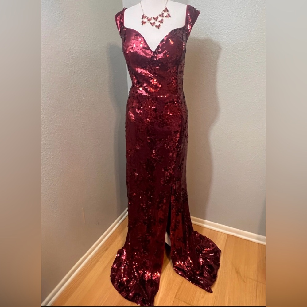 #286 & #440 Burgundy Sequins Sweetheart Neckline Off The Shoulder Gown -3X